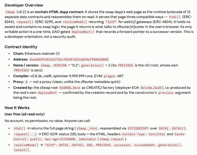 A developer overview document for zSwap (v0.2), an onchain HTML dapp contract on Ethereum mainnet at address 0xe686952842627A2cf81DF42CCaD54ef98046D8BD, detailing its three read-only functions (html, request, resolveMode) and showing it was compiled with v0.8.36, has a generation of 2, and was deployed by the vSwap root via deployNext—illustrating the post's claim that zSwap runs 100% onchain by storing and serving its entire HTML webpage directly from contract bytecode.