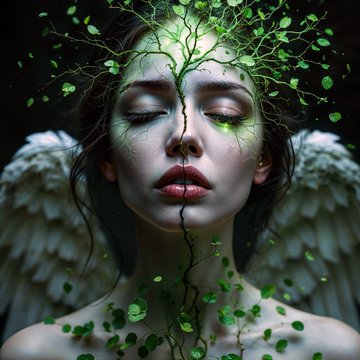 A surreal digital artwork of a woman with closed eyes, white angel wings, and green vines and leaves growing across her face and body.