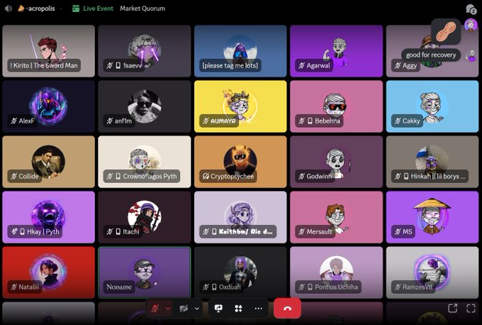 A screenshot of a Discord video call titled "Market Quorum" with approximately 25 participants including users named Kirito | The Sword Man, 1saevv, Agarwal, Aggy, AlexF, anffm, AUMAYR, Bebehna, Cakky, Collide, Crownoftagos Pyth, Cryptopsychee, Godwin, HinkahTilIborys..., HKay Pyth, Itachi, Keith6m/ Ric d..., Mersaultt, MS, Natalin, Noname, Oxduall, Pontius Uchiha, and RamzesVII.