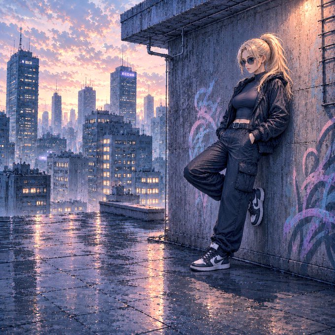 A blonde anime-style woman in black streetwear and sneakers leans against a graffiti-covered concrete wall with a rainy cityscape and sunset in the background.