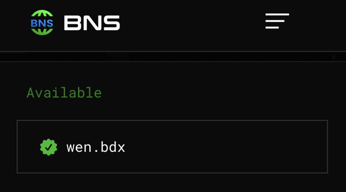 Screenshot of a BNS website interface with the logo in the top left, showing an "Available" section listing the domain "wen.bdx" with a green checkmark indicating availability.