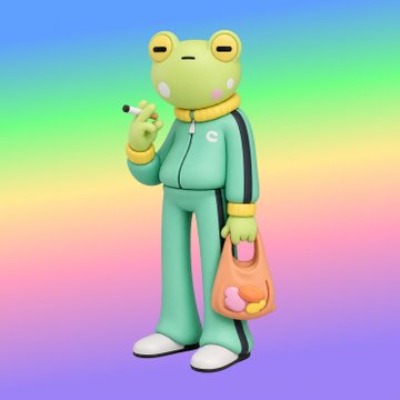 A 3D render of a green frog-like character wearing a teal tracksuit and holding a small object and an orange bag.