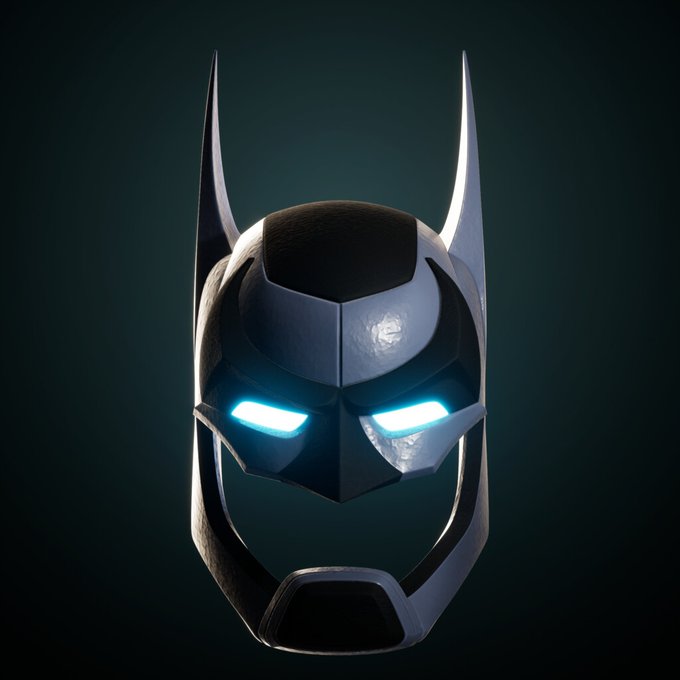 A sleek, metallic Batman cowl mask with glowing blue eyes against a dark background.
