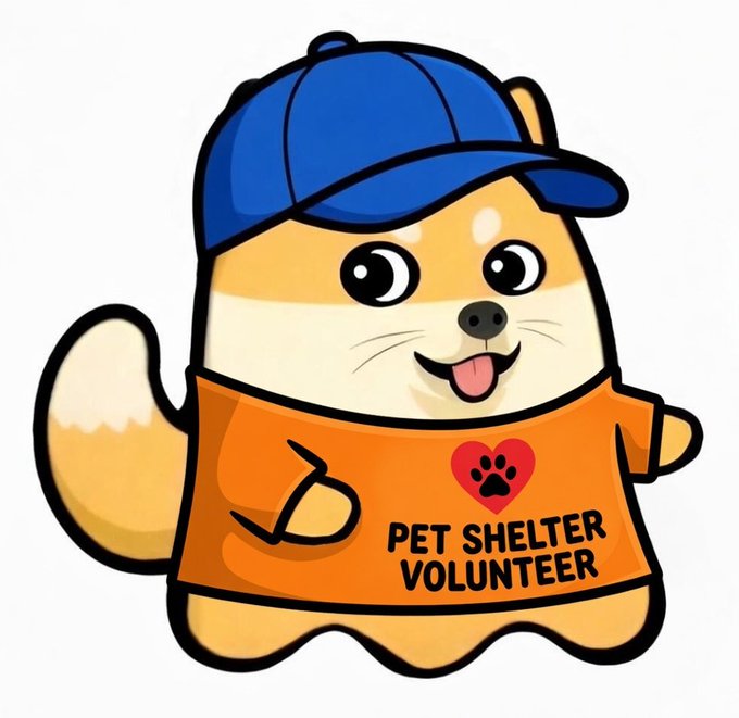 The image shows a cute cartoon Shiba Inu dog wearing a blue cap and an orange shirt labeled "Pet Shelter Volunteer," with its tongue out and tail waving happily. The caption references the $Shibu token and addresses scammers, while the image promotes the official Shibu project's charitable pet shelter volunteer work.