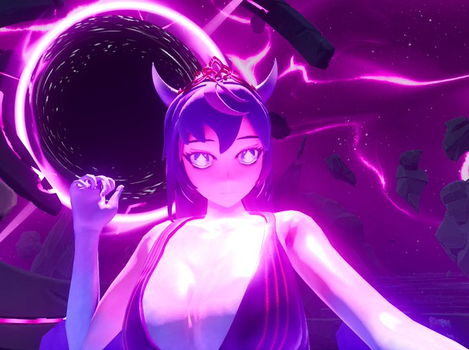 An anime-style 3D illustration of a horned female character with glowing purple eyes, wearing a tiara and draped in purple fabric, holding up her hand against a dark void surrounded by pink energy and floating debris.