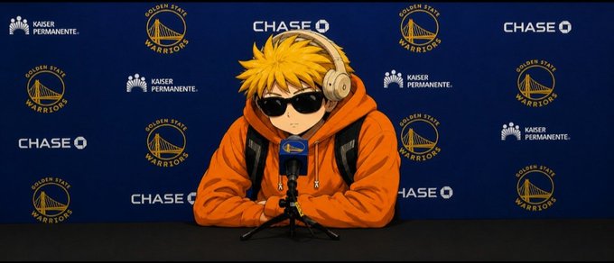 An anime-style character with blonde hair, sunglasses, and a headset sits at a press conference microphone in front of a Golden State Warriors backdrop featuring Kaiser Permanente and Chase logos, mirroring the post's frustrated-yet-hopeful tone about "ansem bags" as the figure appears to address the media with a dejected but resigned posture.