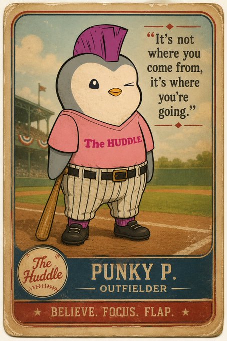 The image features a cartoon penguin wearing a pink shirt with "The Huddie" written on it, standing on a baseball field holding a bat. The background of the image shows a baseball stadium filled with people watching the game. The text in the image reads "It's not where you come from, it's where you go", which is related to the post about Punky P being an outfielder for the Huddie team.