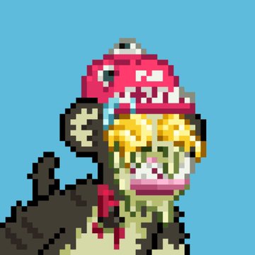 A low-resolution pixel art image of a character with blonde hair and a pink helmet or headpiece against a blue background.
