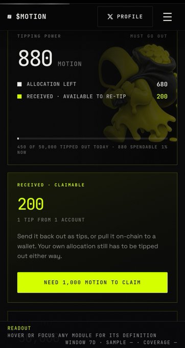 A mobile app interface titled '$MOTION' showing a tipping power of 880, with a small yellow Bored Ape NFT icon and a section for received claimable tips of 200.