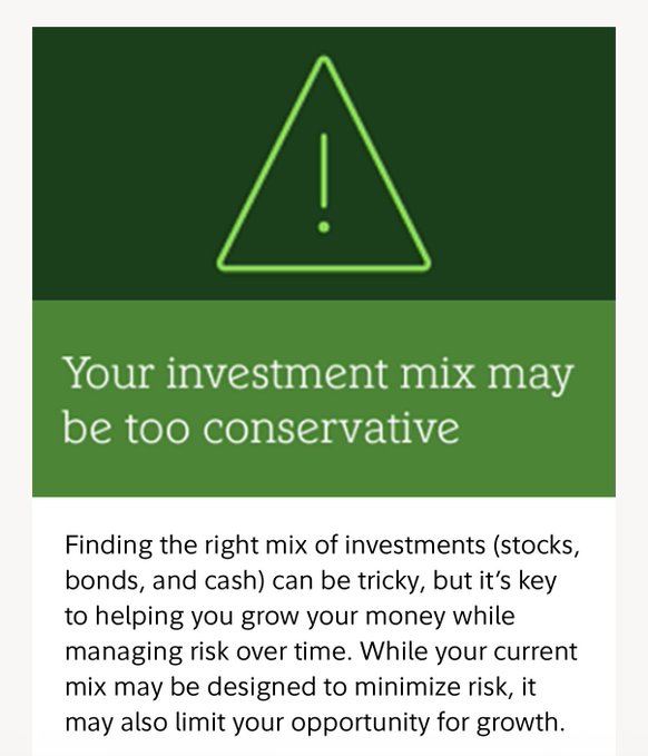An informational graphic with a green warning triangle and the headline 'Your investment mix may be too conservative,' explaining the challenge of balancing stocks, bonds, and cash to grow money while managing risk.