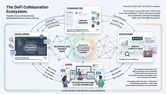 An infographic titled 'The DeFi Collaboration Ecosystem' showing the relationship between developers, communities, users, educators, and decentralized finance, emphasizing continuous learning and active participation.