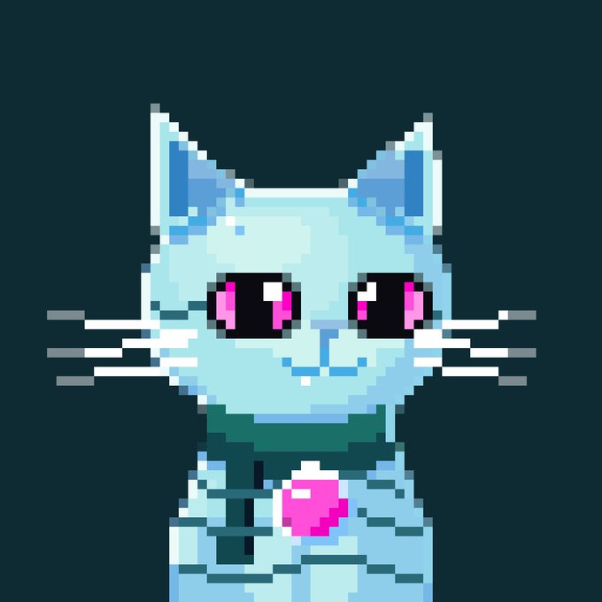 Pixel art of a light blue cat with large black and pink eyes wearing a green scarf and holding a pink item, set against a dark background.