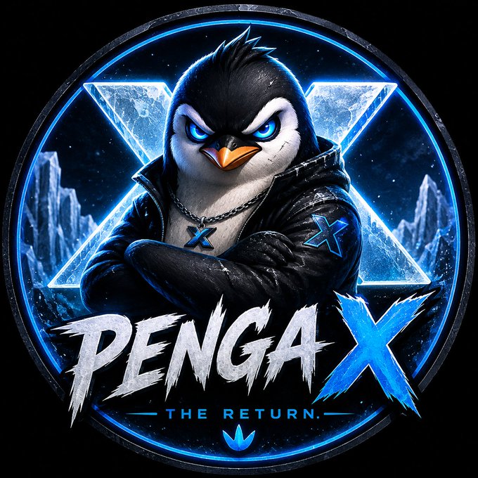 A digital logo featuring a fierce penguin character in a black jacket with an X logo, surrounded by ice and a blue triangle, with the text 'PENGA X THE RETURN'.