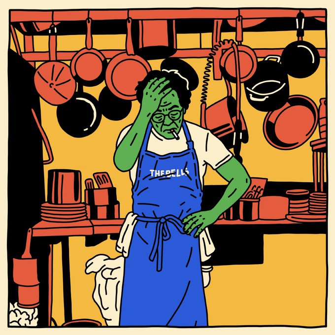 A stylized illustration depicts a green-skinned chef in a blue apron labeled 'THEPELI' smoking a cigarette with a weary expression, standing in a kitchen filled with hanging red pots and pans against a yellow background.
