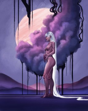 A digital painting of a nude woman with long white hair standing before a large pink moon and purple clouds in a surreal landscape.