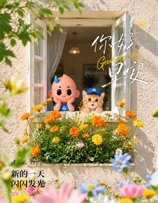 A cute illustration of a cartoon character and a cat in a blue hat sitting on a window box filled with orange and yellow flowers, with 'Good morning' written in English and Chinese.