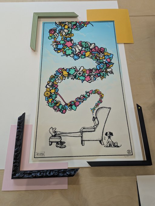 An art print showing a person smoking a hookah with colorful cartoon bubbles rising into clouds, accompanied by a small dog, displayed with decorative picture frame corners.
