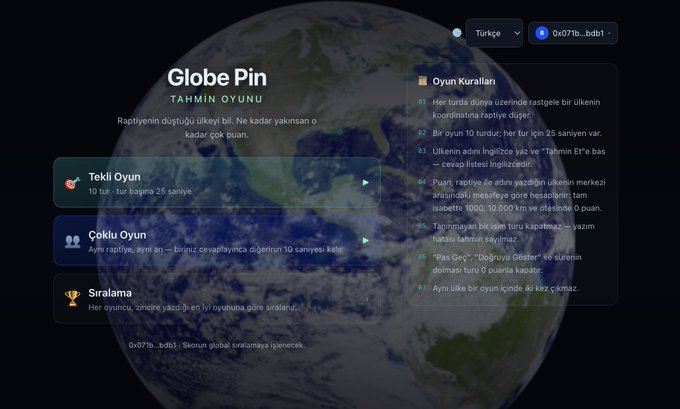 Screenshot of the 'Globe Pin' geography guessing game interface in Turkish, showing menu options for 'Tekli Oyun', 'Çoklu Oyun', and 'Sıralama' alongside game rules.