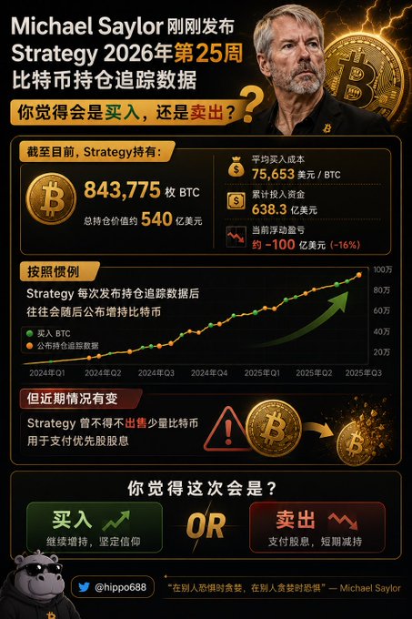An infographic in Chinese about Michael Saylor's Strategy 2026 Week 25 Bitcoin holdings, showing 843,775 BTC held worth $54 billion at an average cost of $75,653, asking viewers whether it will be a buy or sell.