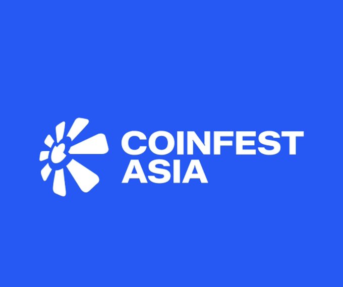 The image displays the white "COINFEST ASIA" logo featuring a stylized sunburst/fan emblem on a bright blue background. It serves as the event branding for Coinfest Asia in Bali, the crypto conference being promoted in the accompanying HTX networking post.