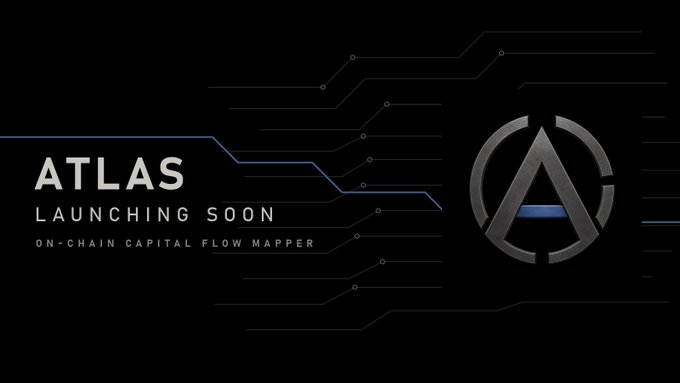 A dark promotional banner reads 'ATLAS LAUNCHING SOON ON-CHAIN CAPITAL FLOW MAPPER' alongside a metallic stylized 'A' logo with blue accent lines.