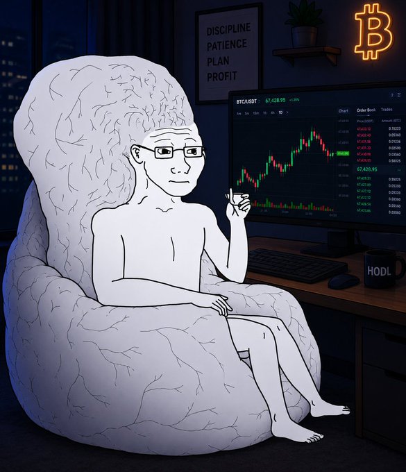 A digital illustration of a pale, stylized figure wearing glasses, sitting in a bean bag chair in front of a computer monitor displaying a 'BTC/USDT' chart. A poster reads 'DISCIPLINE PATIENCE PLAN PROFIT', and a neon Bitcoin sign hangs on the wall.