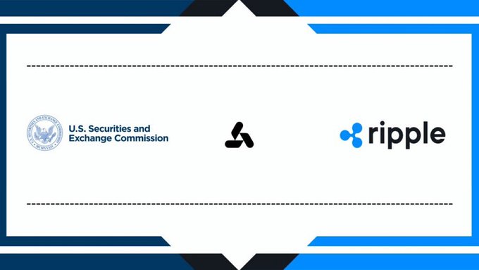 A graphic displaying the logos for the "U.S. Securities and Exchange Commission" and "ripple" alongside a third logo in the center, framed by blue and black geometric borders.