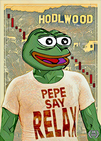 A digital poster featuring a smiling Pepe the Frog character in a 'PEPE SAY RELAX' t-shirt is overlaid with 'HODLWOOD' text and a red stock chart trend line.