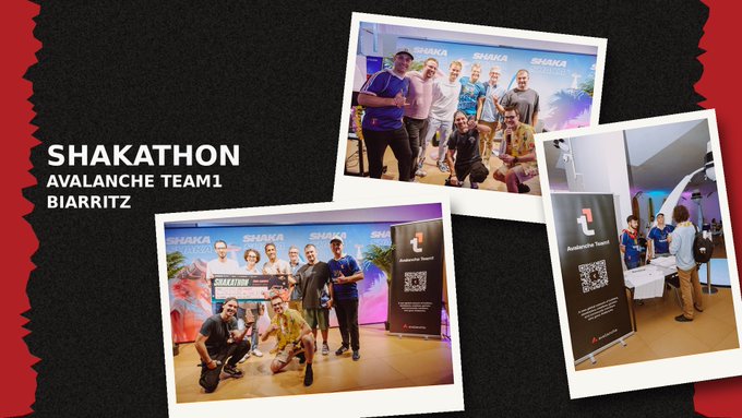 A collage titled 'SHAKATHON AVALANCHE TEAM1 BIARRITZ' showing photos of people at a Shaka event and an 'Avalanche Teaser' booth with QR codes.