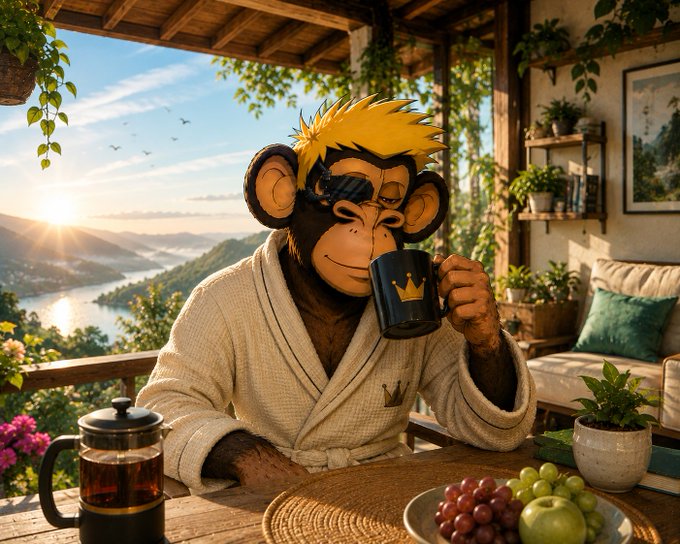 An anthropomorphic monkey with blonde hair and sunglasses, wearing a robe, drinks from a black mug with a gold crown logo on a patio overlooking a scenic river valley.