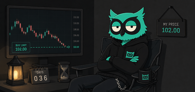 An animated illustration of a teal owl character in a black hoodie sitting in a chair with crossed arms, watching a stock chart showing a downward trend with a 'BUY LIMIT 102.00' marker and a sign reading 'MY PRICE 102.00' on the wall, alongside a 'DAYS 036' calendar.