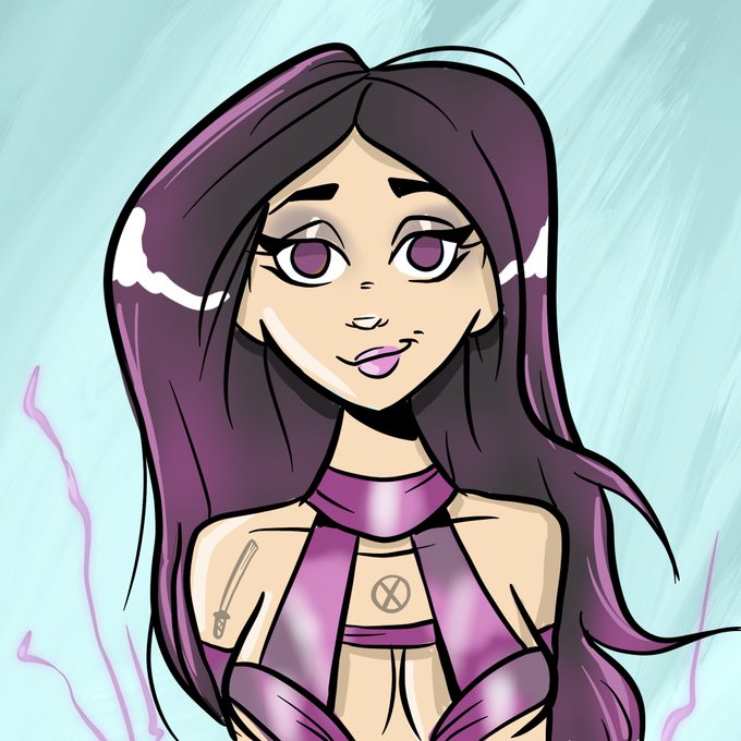 A stylized cartoon illustration of a female character with long purple hair, purple eyes, and a pink and purple outfit featuring the X-Men logo on her chest. The artwork corresponds to the NFT listing for "Psylocke Vixen #296" from the MetaVixensNFT collection, priced at 1.19 ETH by owner @CodesHunterX.