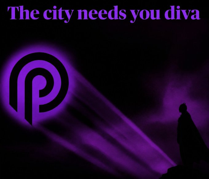 A purple-tinted image with text 'The city needs you diva' features a glowing purple 'P' logo (Polkadot) alongside a silhouetted figure resembling a superhero.