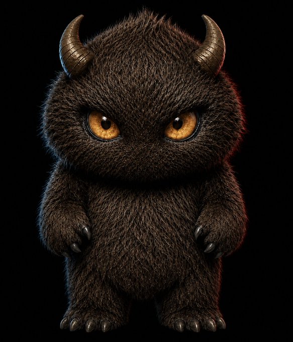 A digital illustration depicts a small, furry, dark brown monster with glowing yellow eyes, small horns, and sharp claws standing against a black background.