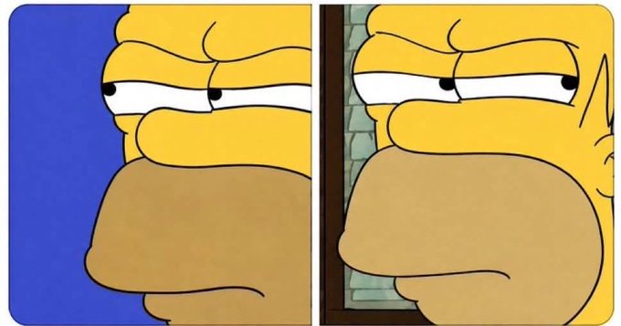 A side-by-side comparison of two close-up images showing Homer Simpson's face with a skeptical, unimpressed expression.