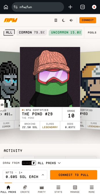 A mobile screenshot of the nfw.fun NFT platform showing a character card titled 'THE POND #29' with a Grade 10, Legendary class designation, and 0.605 SOL pricing.