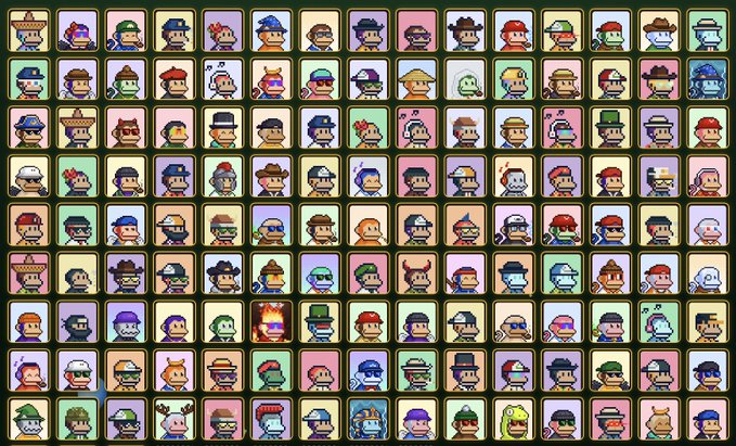A grid of pixel art character portraits displayed in rounded square frames, featuring diverse figures with various hats, hairstyles, and accessories in a colorful retro gaming style.