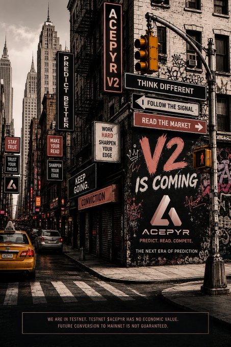 Urban street scene advertising 'AcePyr V2' with graffiti reading 'V2 IS COMING' and slogans like 'PREDICT BETTER' and 'THINK DIFFERENT', noting it is a testnet with no economic value.
