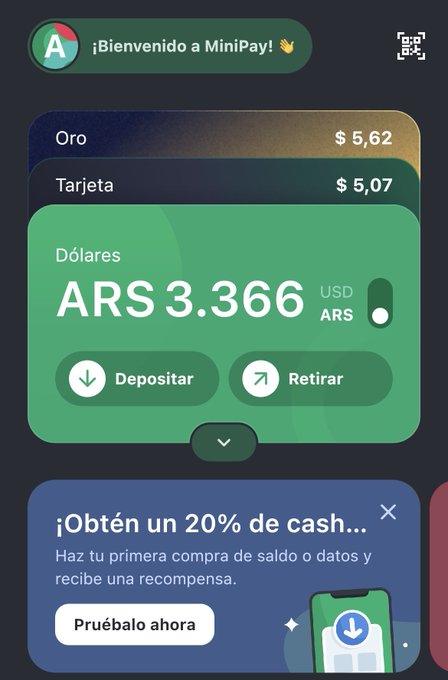 The image shows a MiniPay app dashboard in Spanish welcoming a new user ("¡Bienvenido a MiniPay!") with a balance of ARS 3,366 (toggleable to USD), along with gold ("Oro") and card ("Tarjeta") balances of $5.62 and $5.07, and buttons to deposit or withdraw—visually supporting the post about sharing withdrawal codes for the MiniPay card in USDT for Argentine users.