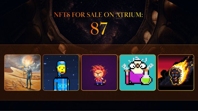 An NFT marketplace interface displaying 'NFTS FOR SALE ON ATRIUM: 87' with a horizontal scrollable gallery of five NFT thumbnails including a desert figure with an orb, a blue robot, a red-haired character, a pixelated purple figure, and a flaming skull.