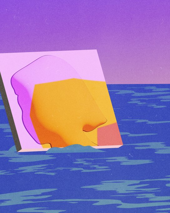 A stylized digital artwork featuring a melting, layered geometric shape in pink, orange, and yellow that resembles a slice of bread or cheese, set against a purple sky and blue water background.