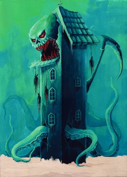 The image features a monster house with tentacles, giving it an otherworldly appearance. The monster has a face and appears to be alive, as if it's about to attack or consume something. The painting is done in a realistic style, making it look like a three-dimensional scene rather than just a flat image on the wall. The post also includes information about the artist and the series of paintings available for purchase at @objktcom.