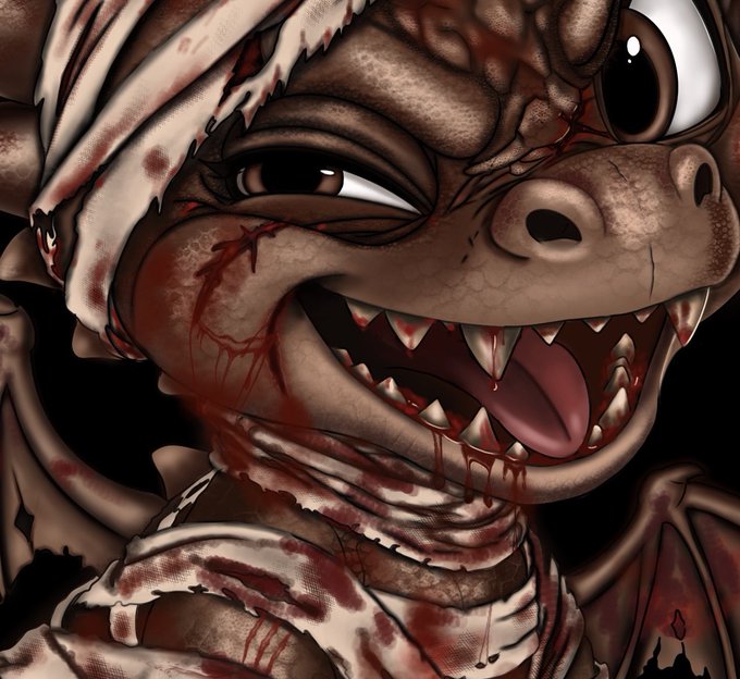 A digital illustration of a menacing, blood-splattered anthropomorphic turtle or reptilian creature with sharp fangs and bandaged limbs, grinning wildly.