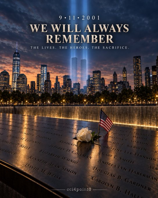 A 9/11 memorial graphic featuring a New York City skyline at dusk with '9.11.2001 WE WILL ALWAYS REMEMBER THE LIVES. THE HEROES. THE SACRIFICE.' overlaid, above a reflective bronze panel of names with a white rose and American flag.