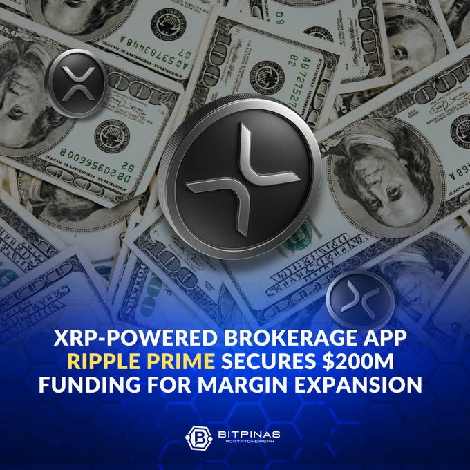 The image features a close-up view of various stacks of money, with a prominent coin at the center that has an XRP symbol on it. The text above the coin reads "XRP-powered Brokerage App", indicating that Ripple Prime is being used for margin financing in this particular app. Below the coin, there's some text stating that the funding facility secured from Neuberger Berman is expected to expand margin financing for trading in traditional and digital asset markets.