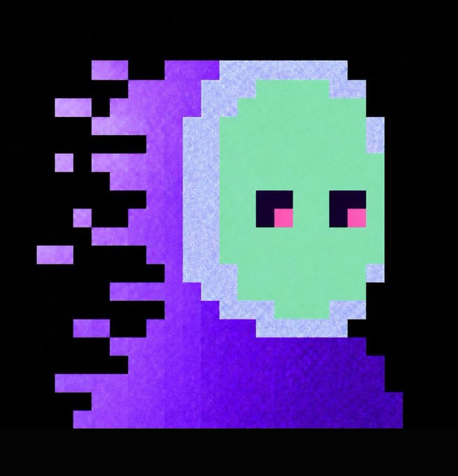 A pixel art ghost-like figure with a green face, pink cheeks, and purple body dissolving into pixelated blocks against a black background.