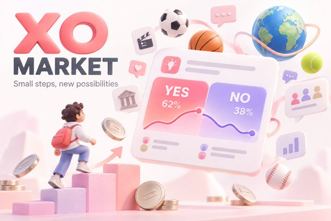 A 3D-rendered promotional graphic for 'XO MARKET' with the tagline 'Small steps, new possibilities' shows a character climbing stairs beside a YES/NO poll displaying 62% to 38%.