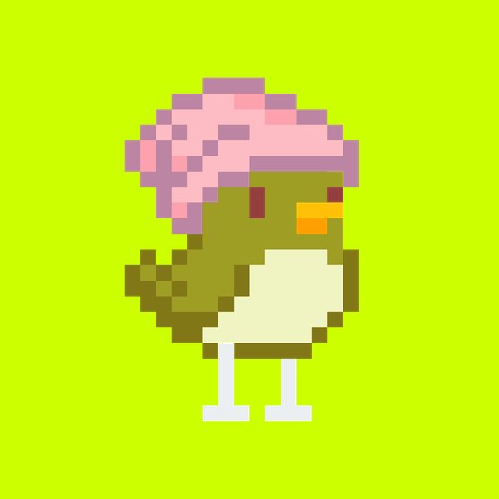A pixel art illustration of a green creature with a pink, cloud-like tuft on its head, white legs, and a pale belly, set against a bright green background.