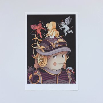 An illustration depicts a character in an ornate purple hat and futuristic headset, accompanied by small floating creatures including a winged white figure and a red demon.