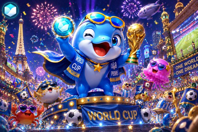 A colorful digital illustration of a blue dolphin mascot holding a golden World Cup trophy, surrounded by fireworks, soccer balls, and smaller mascots, with text reading 'WORLD CUP' and 'ONE WORLD ONE DREAM'.